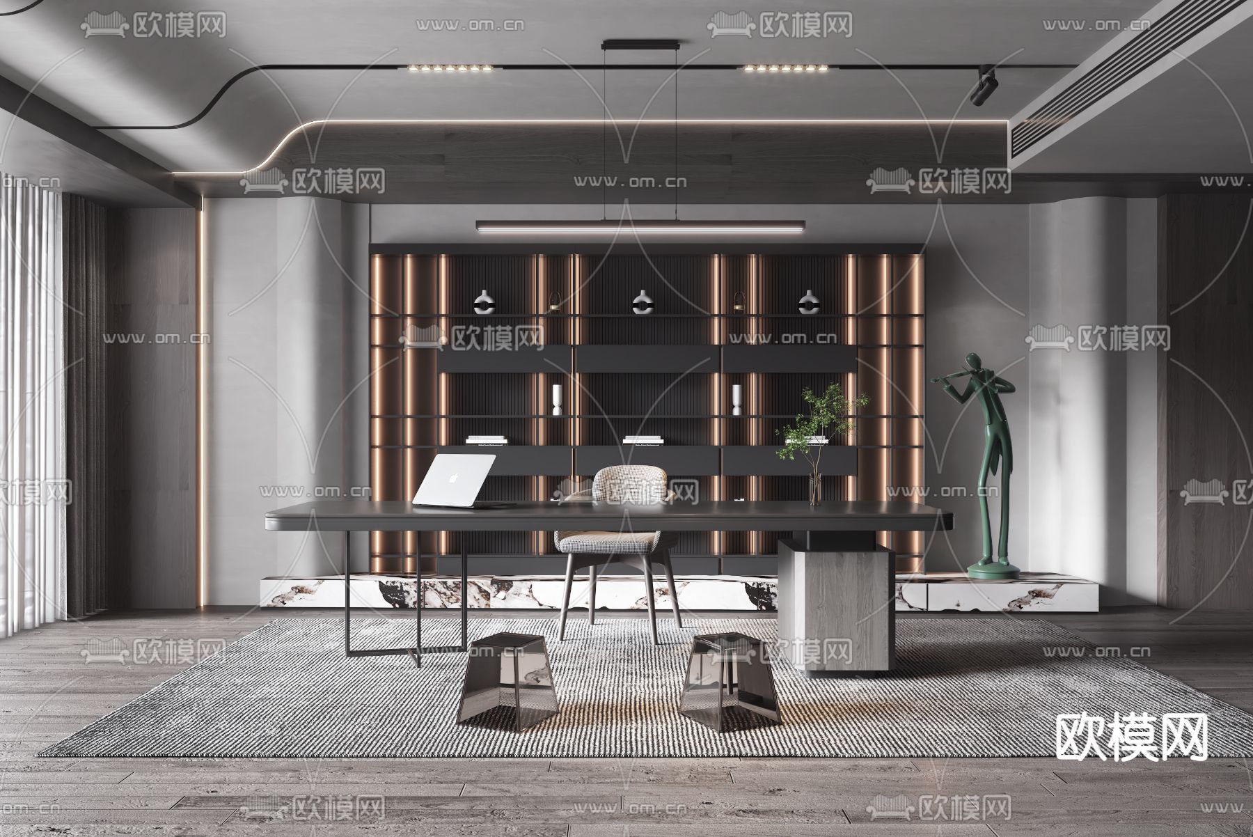 现代高级灰书房3d模型下载（渲染图3）