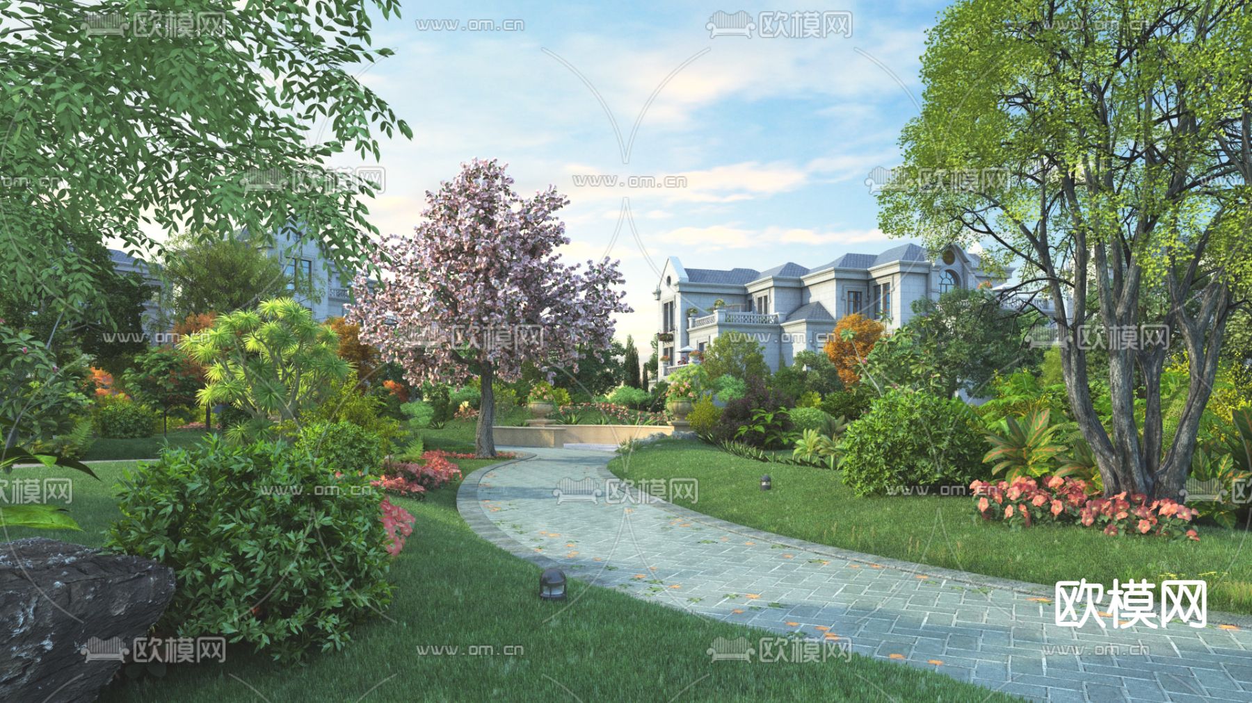 简欧别墅园林景观3d模型下载