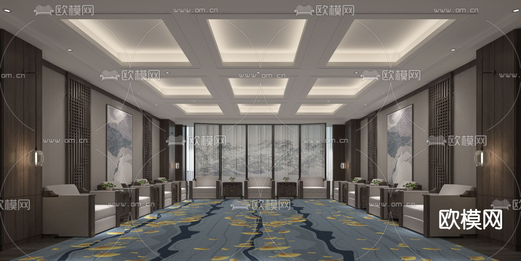 新中式接待室免费3d模型下载