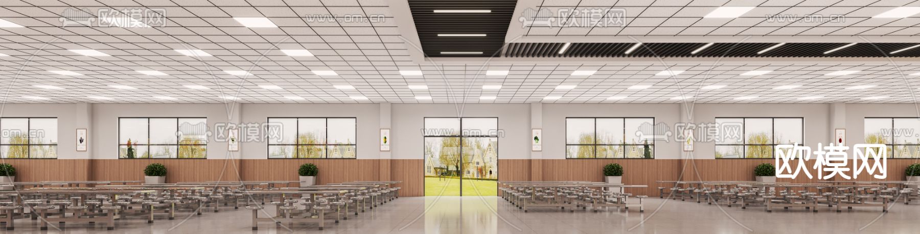 现代学校食堂免费3d模型下载（渲染图1）