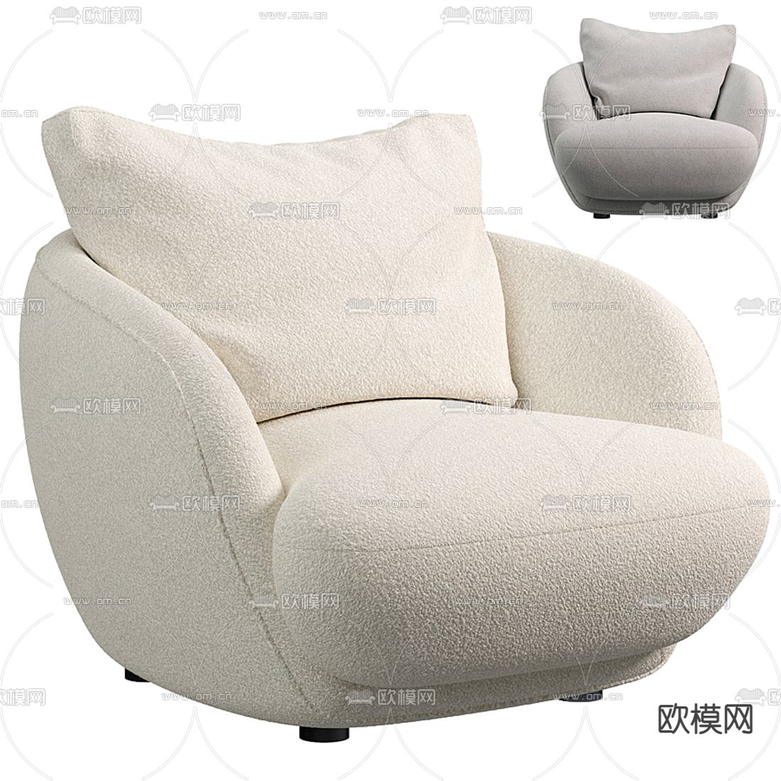 现代奶白绒布单人沙发3d模型下载（渲染图1）