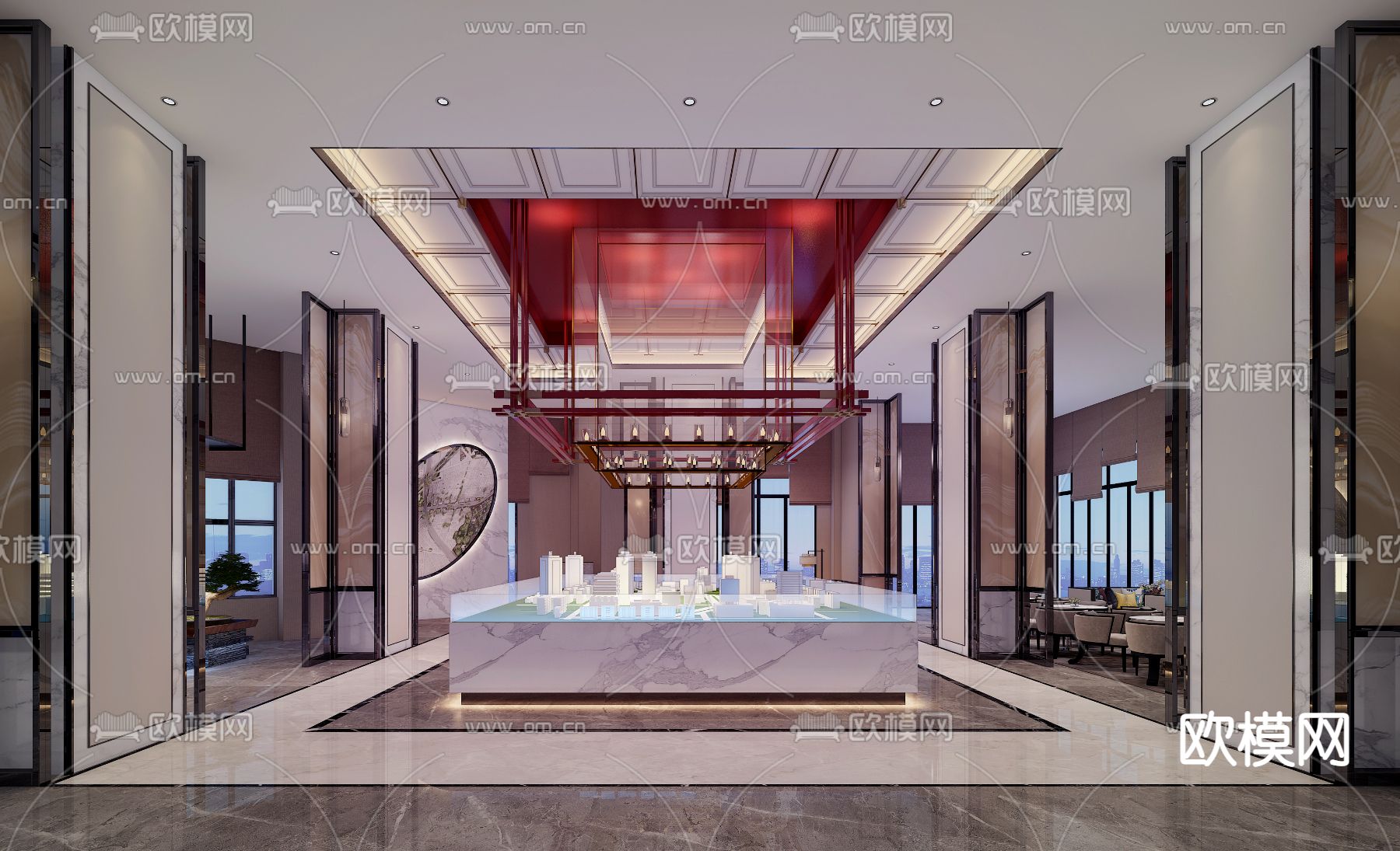 新中式售楼处沙盘区免费3d模型下载