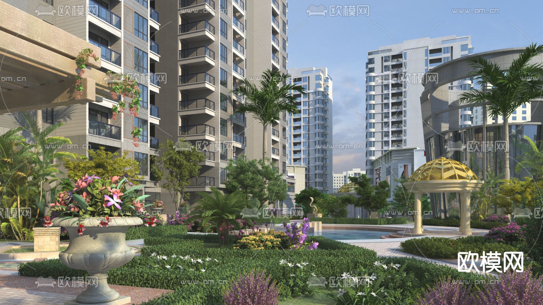 现代住宅小区园林景观3d模型下载