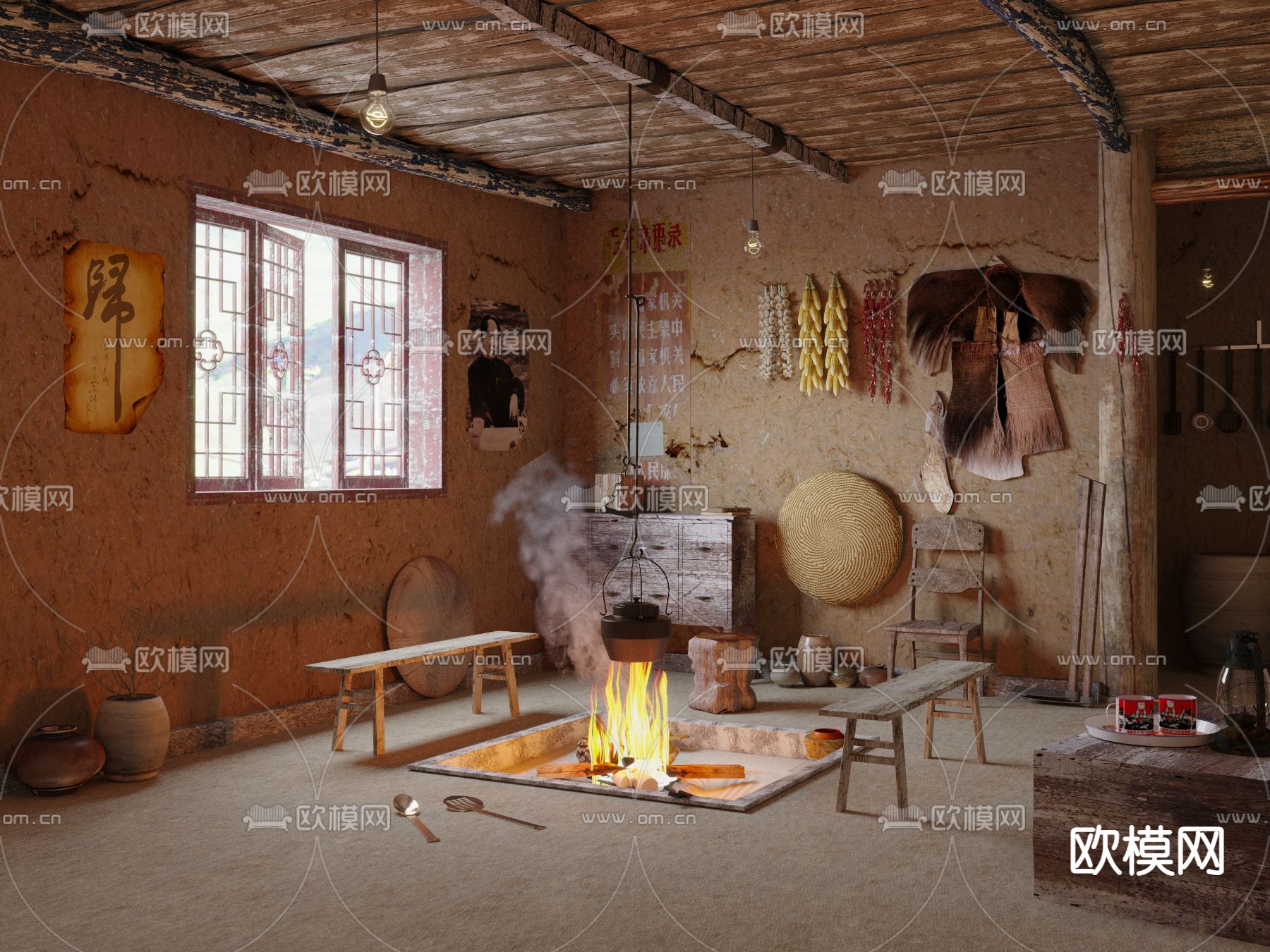 自然风民宿火塘卧室3d模型下载