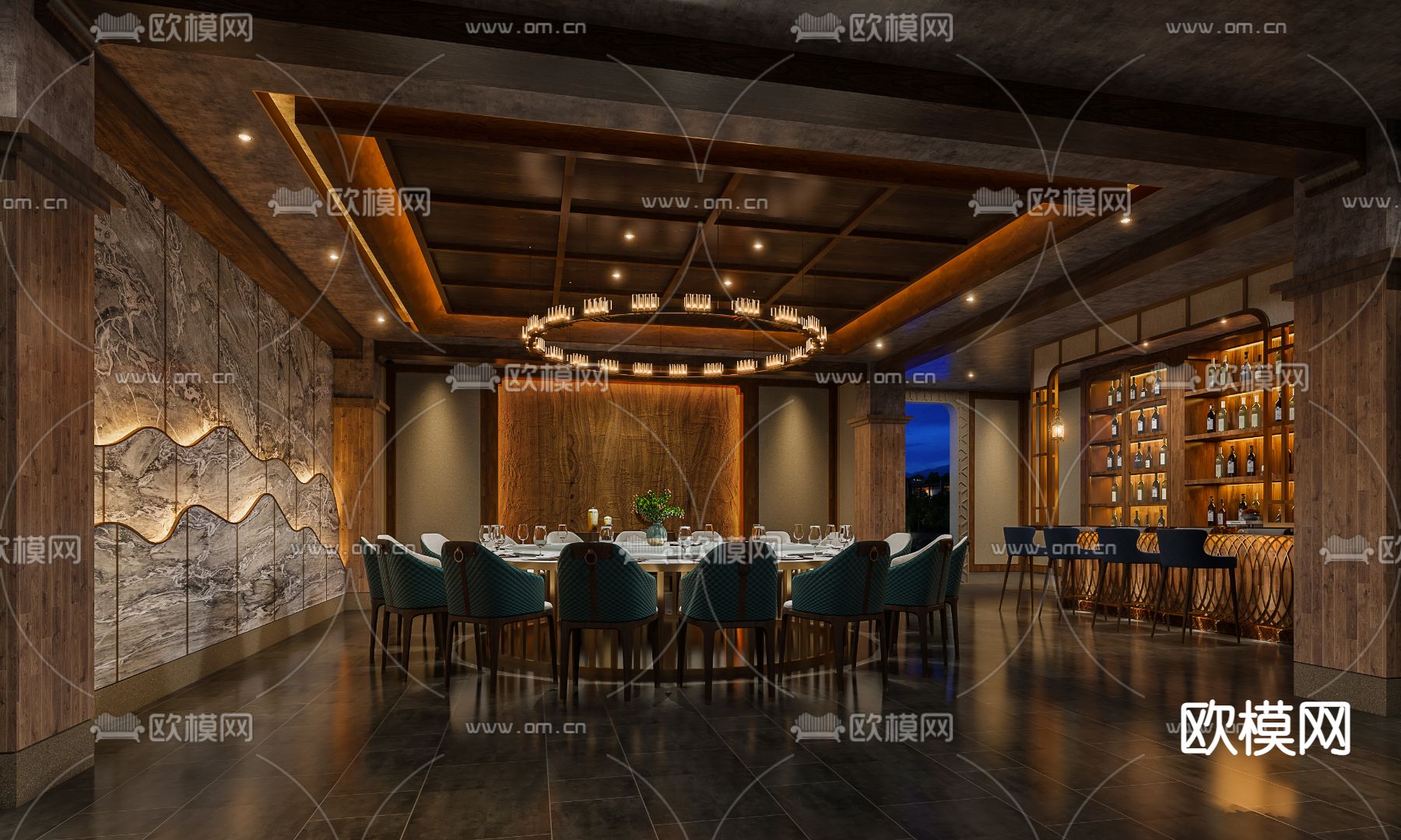 新中式餐厅包房3d模型下载（渲染图1）