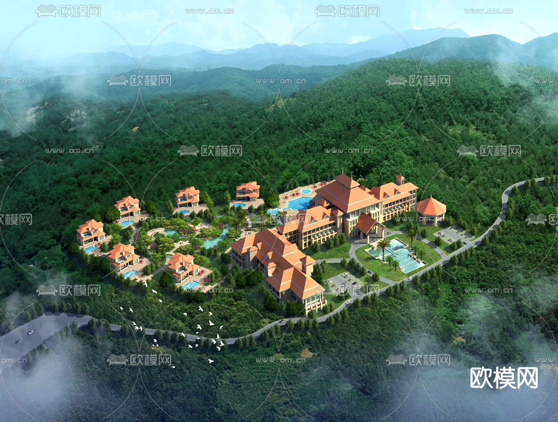 欧式度假酒店鸟瞰psd下载