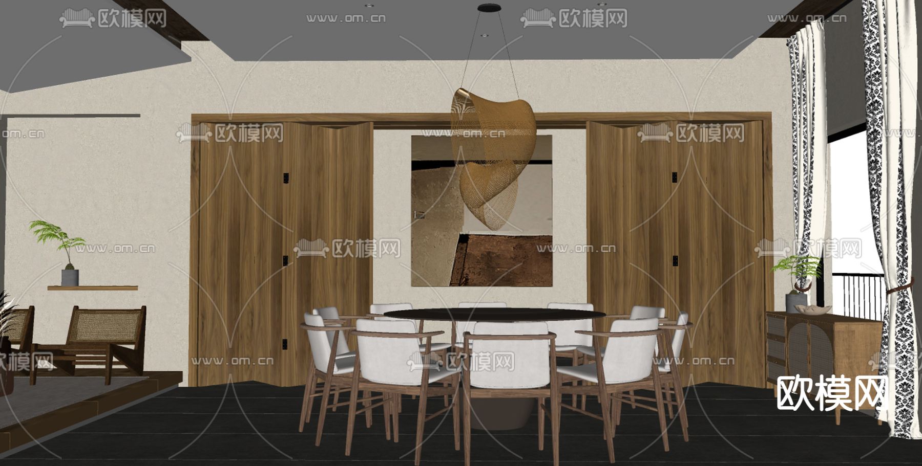 侘寂风餐厅包厢su模型