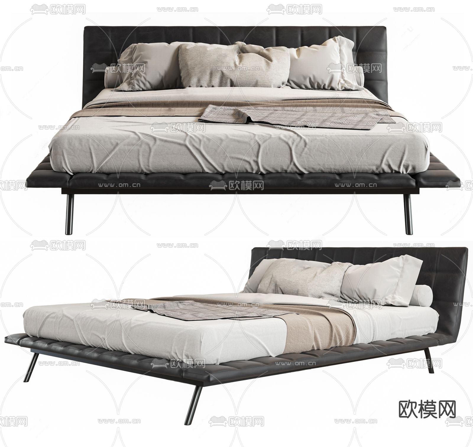 现代双人床su模型下载（渲染图1）