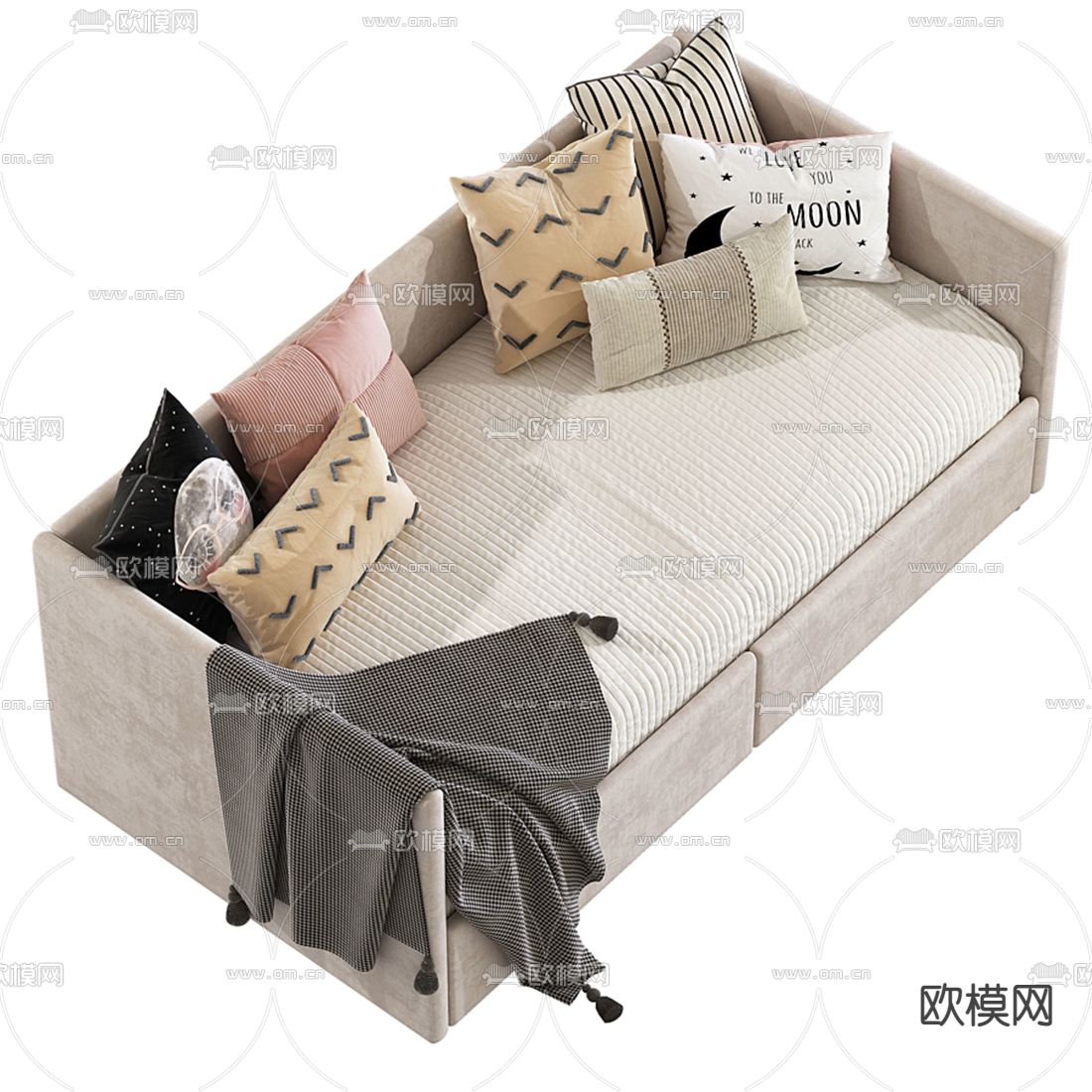 现代粉色布艺沙发床3d模型下载（渲染图4）