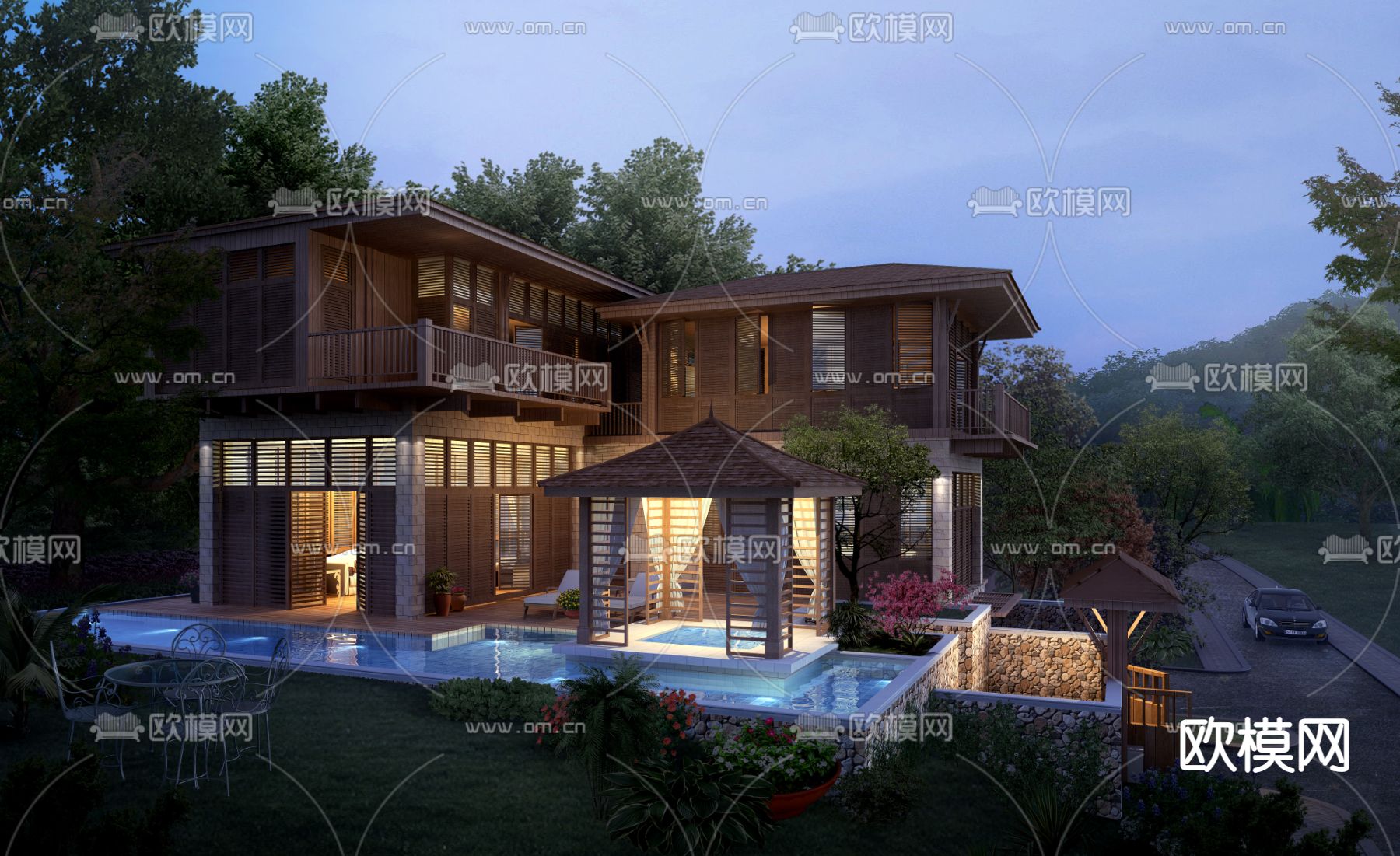 新中式别墅庭院夜景psd下载