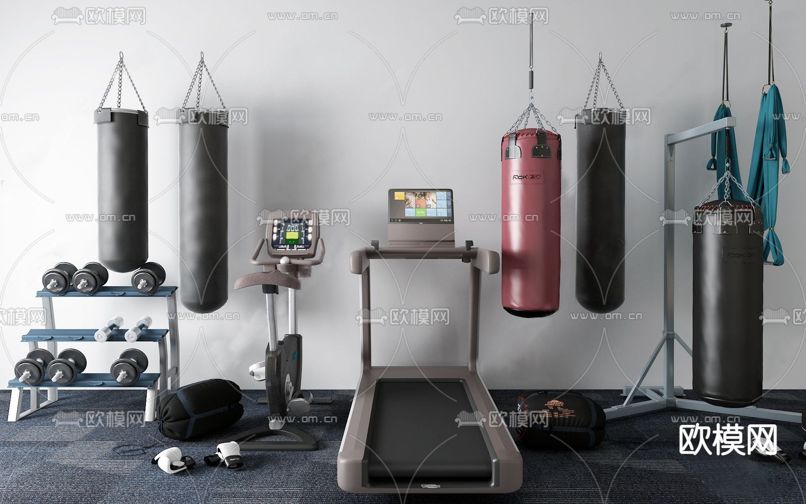 现代跑步机拳击沙袋su模型下载（渲染图1）