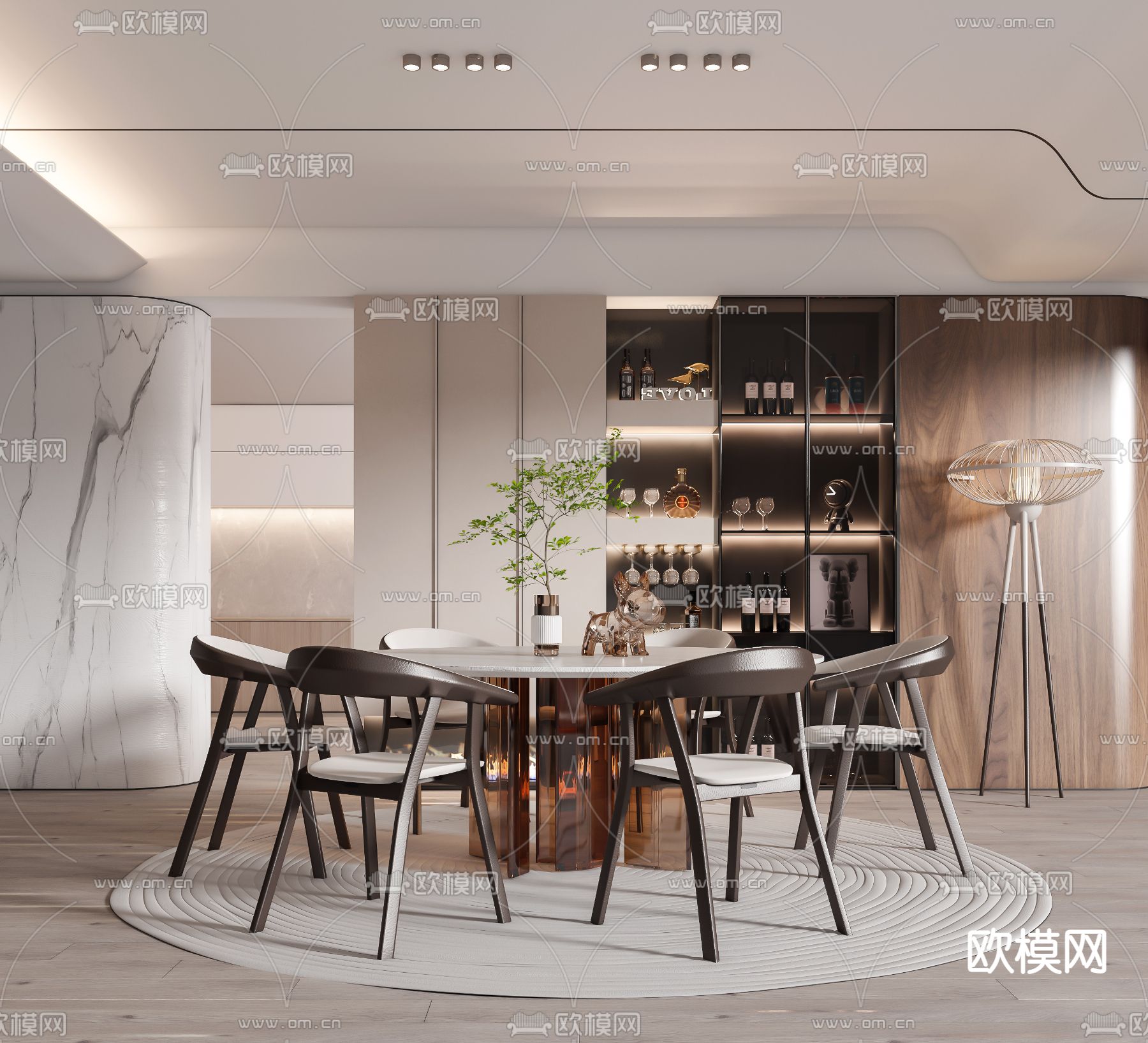 现代圆形大理石餐桌椅3d模型下载