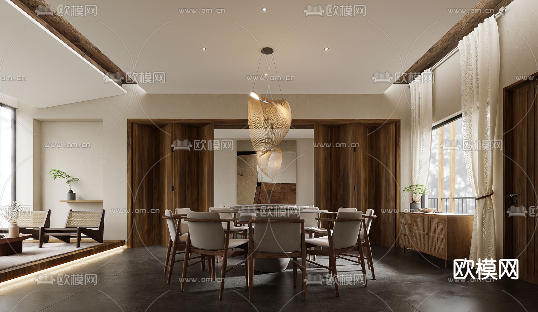 侘寂风餐厅包厢su模型