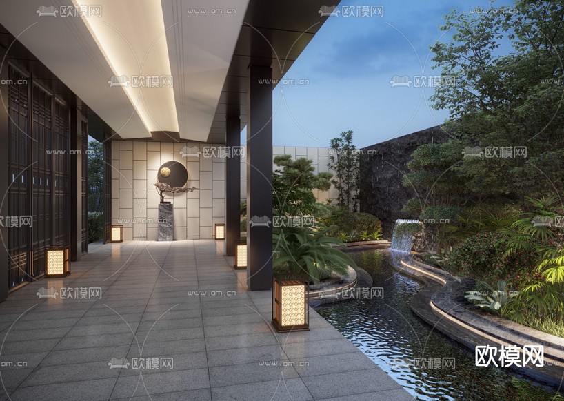 新中式别墅庭院夜景3d模型下载