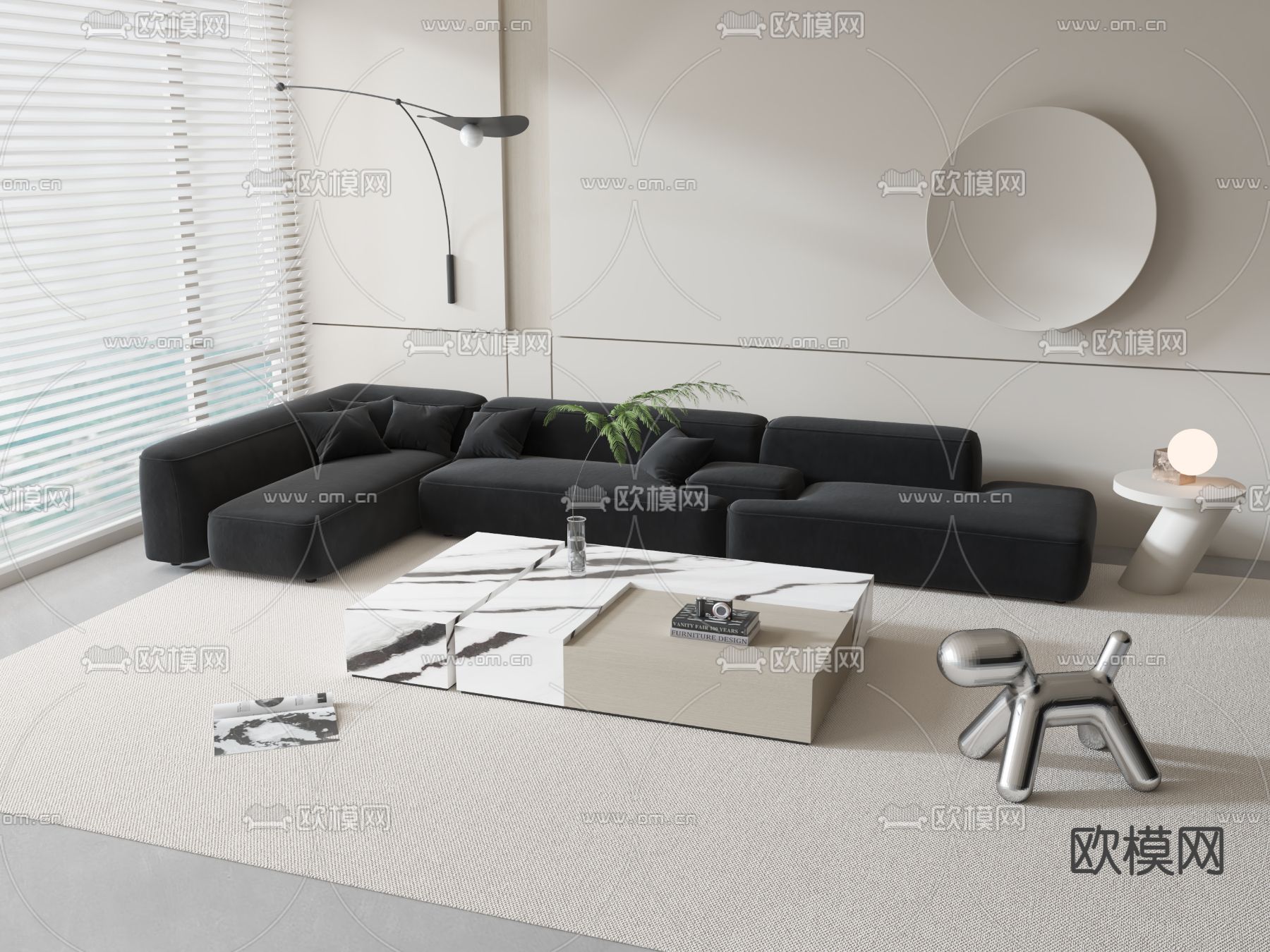现代黑色转角沙发组合3d模型下载_ID11968839_3dmax免费模型-欧模网