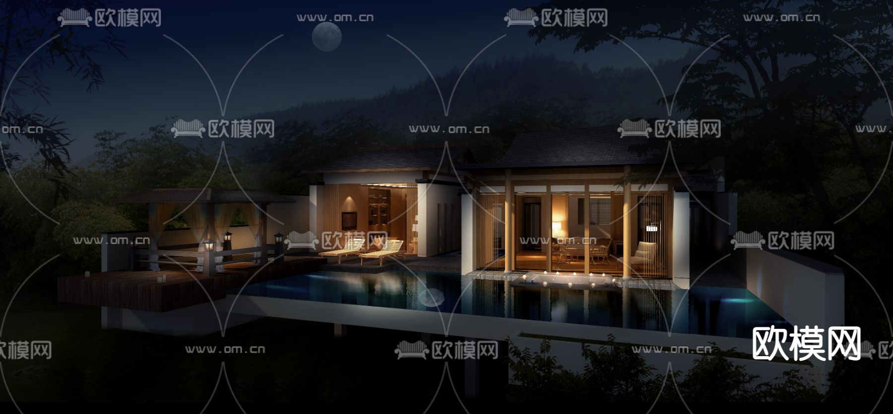 新中式别墅庭院夜景psd下载