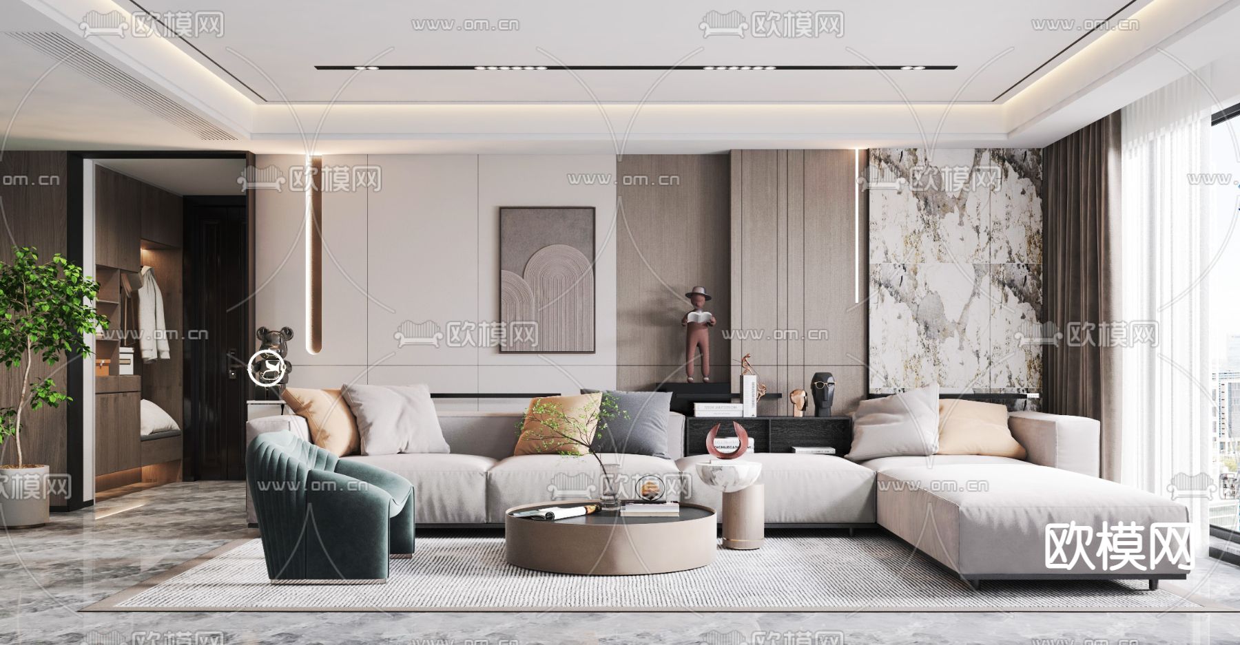 现代奶油风客厅3d模型下载