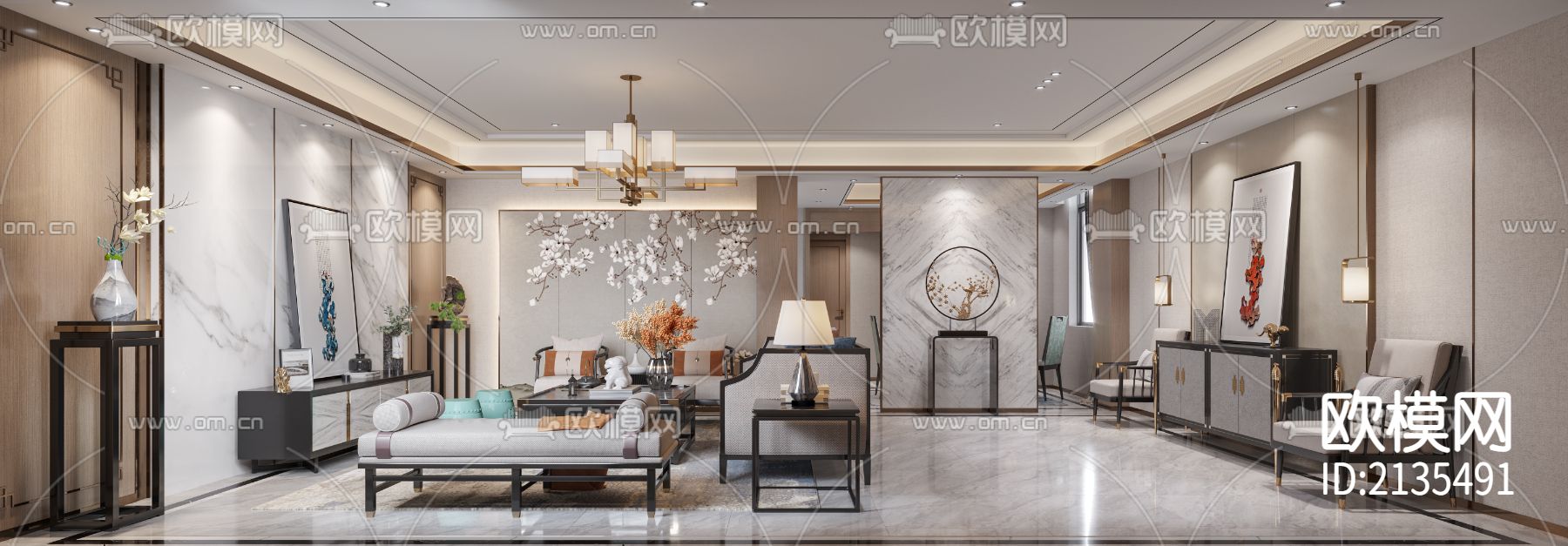 新中式别墅cad施工图下载（渲染图3）