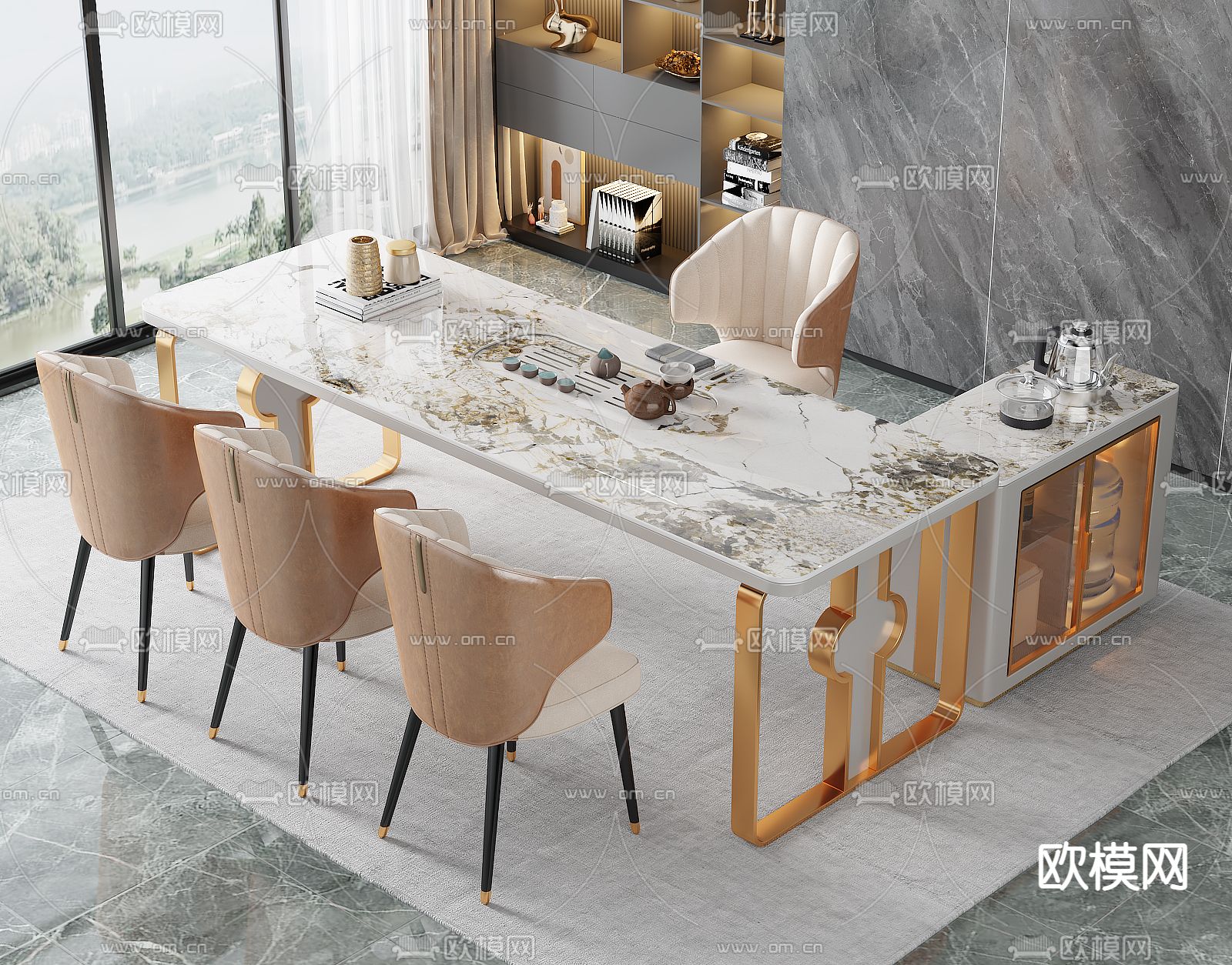 现代大理石茶桌椅3d模型下载（渲染图1）