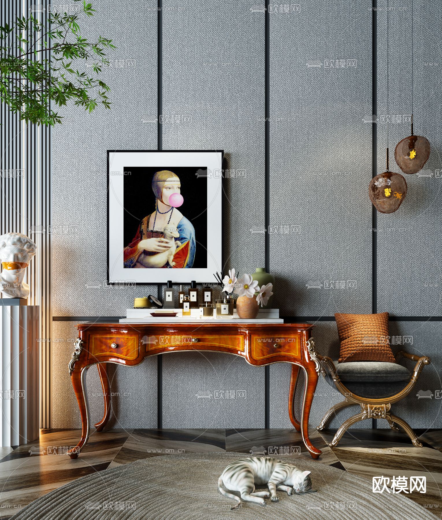 欧式古典实木梳妆台3d模型下载