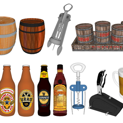  现代酒桶啤酒酒瓶su模型 