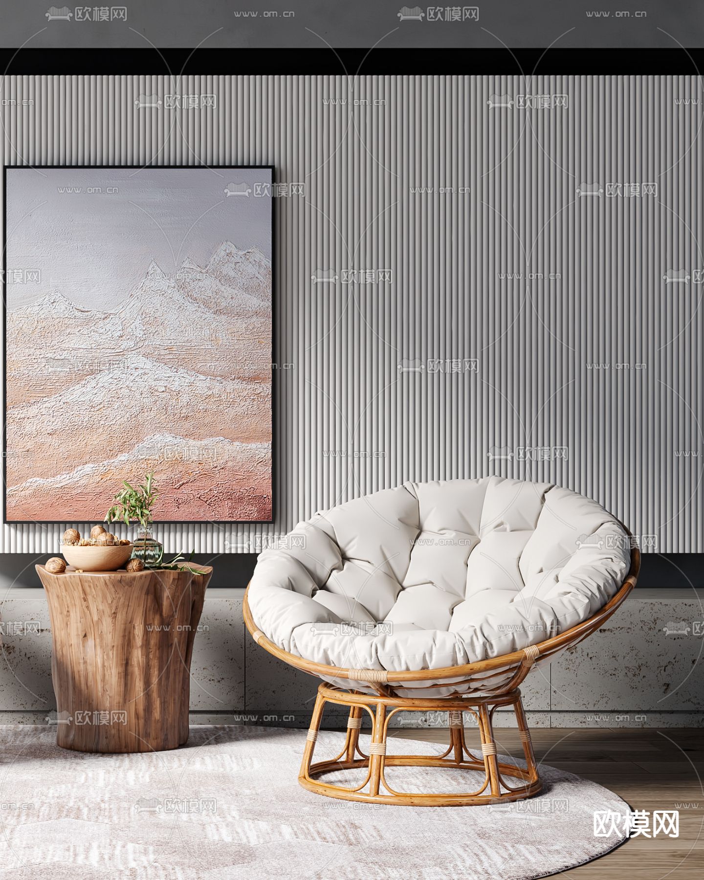 侘寂风藤编休闲椅3d模型下载（渲染图2）