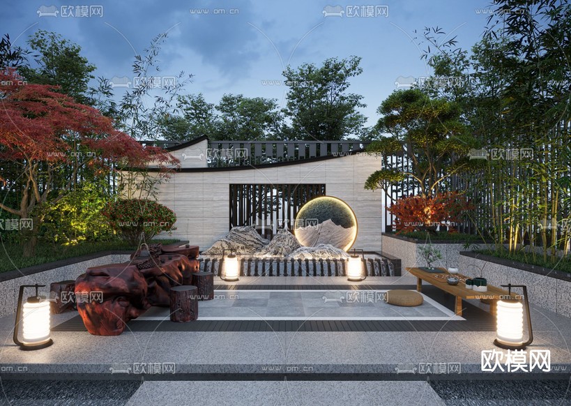 新中式别墅庭院夜景3d模型下载