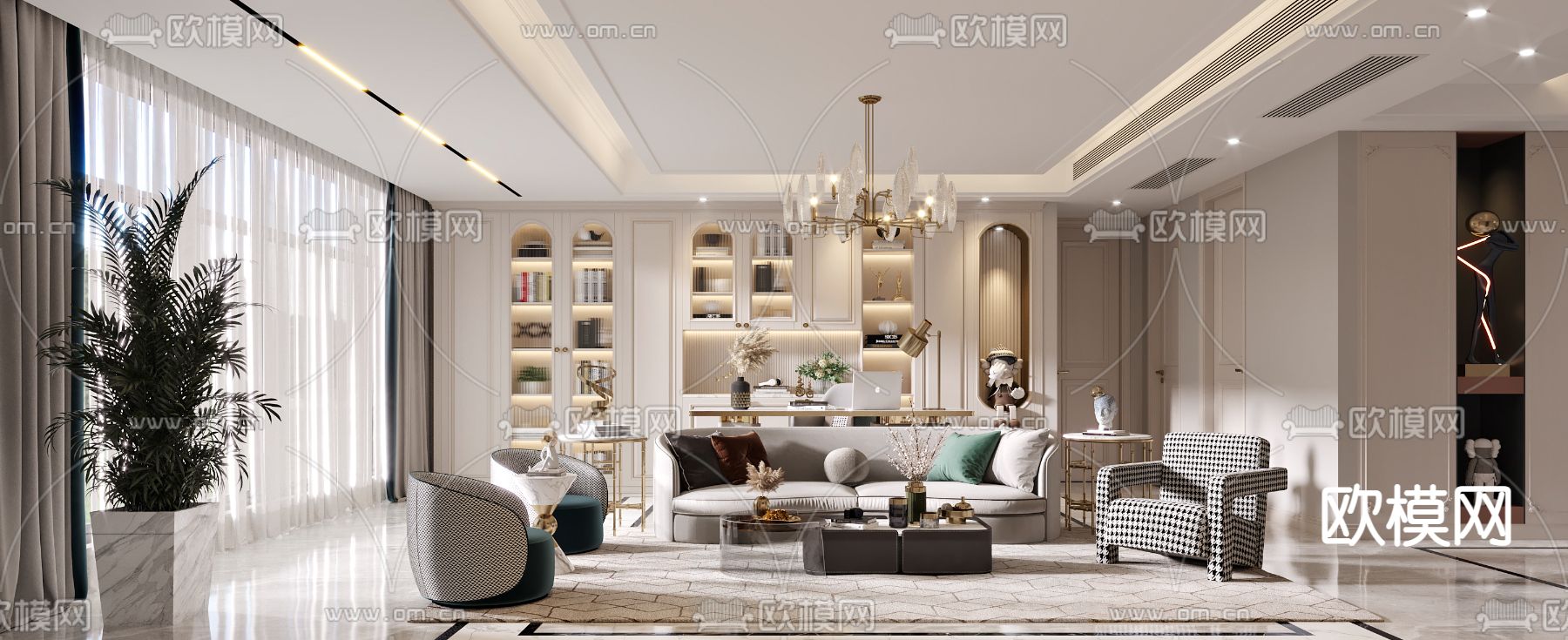 美式轻奢客餐厅3d模型下载（渲染图1）