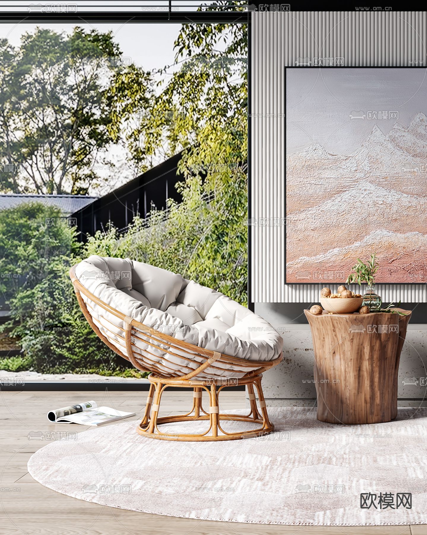 侘寂风藤编休闲椅3d模型下载（渲染图3）