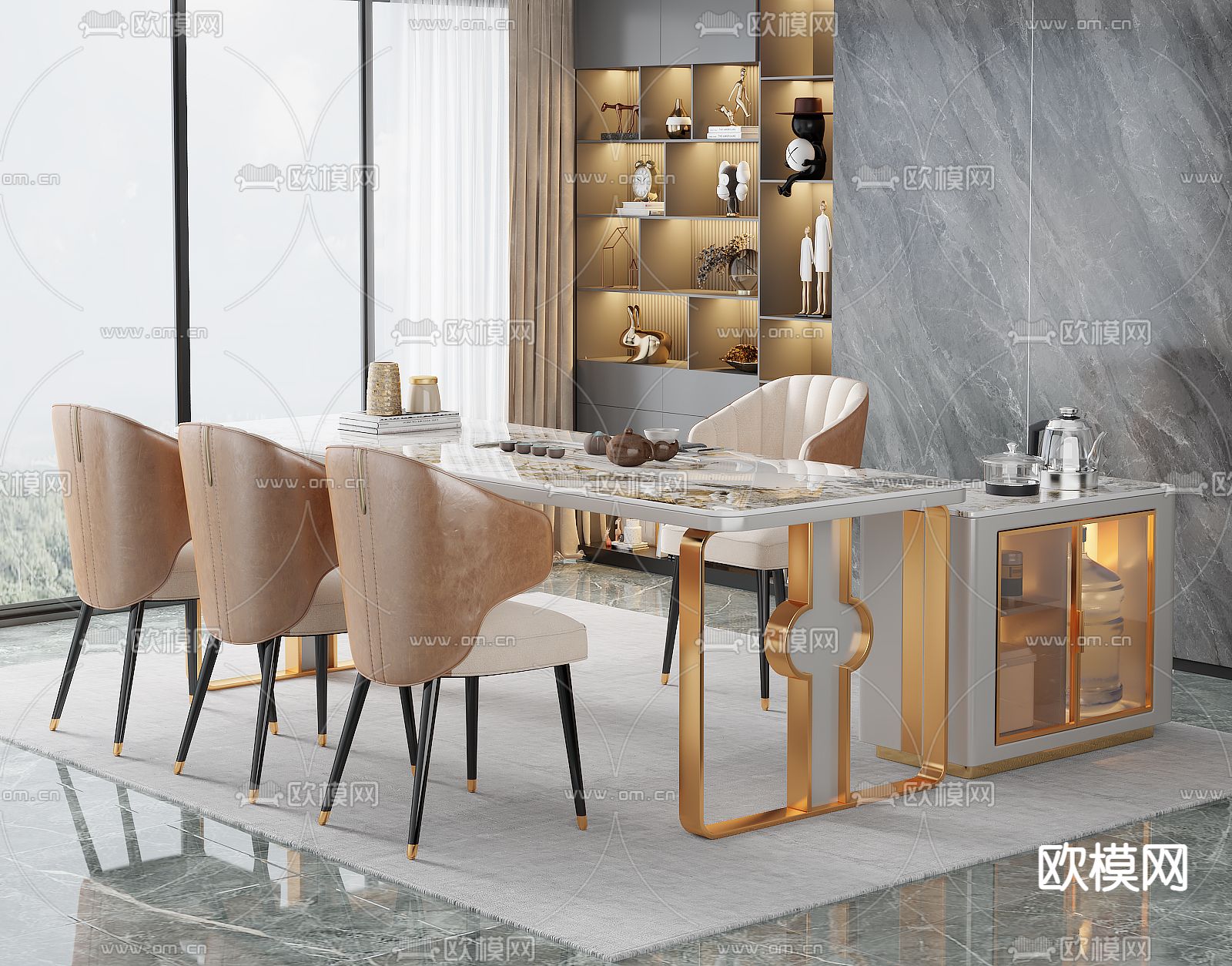 现代大理石茶桌椅3d模型下载（渲染图2）