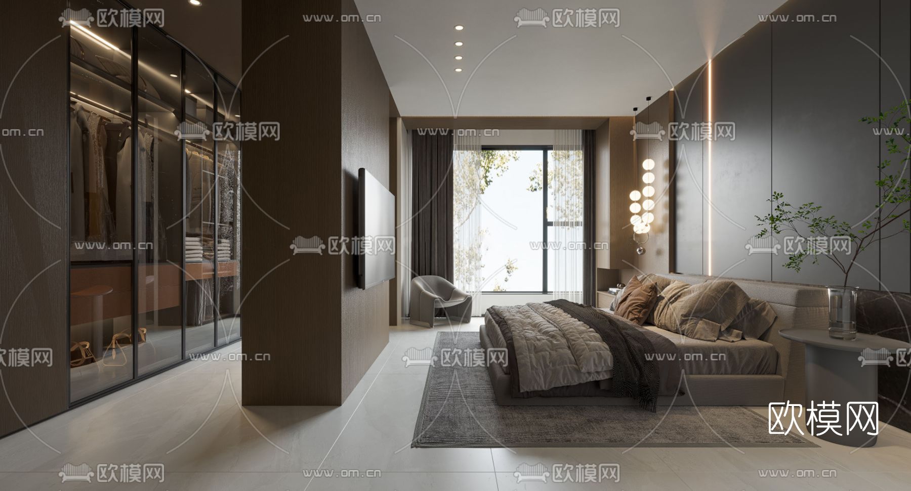 现代高级灰卧室3d模型下载（渲染图2）