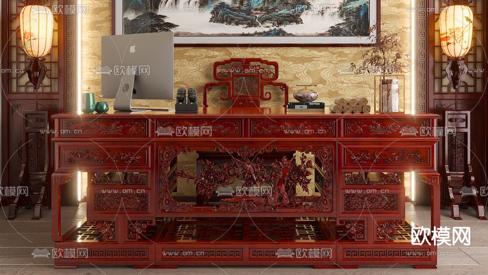 中式红木雕花书桌3d模型下载（渲染图2）