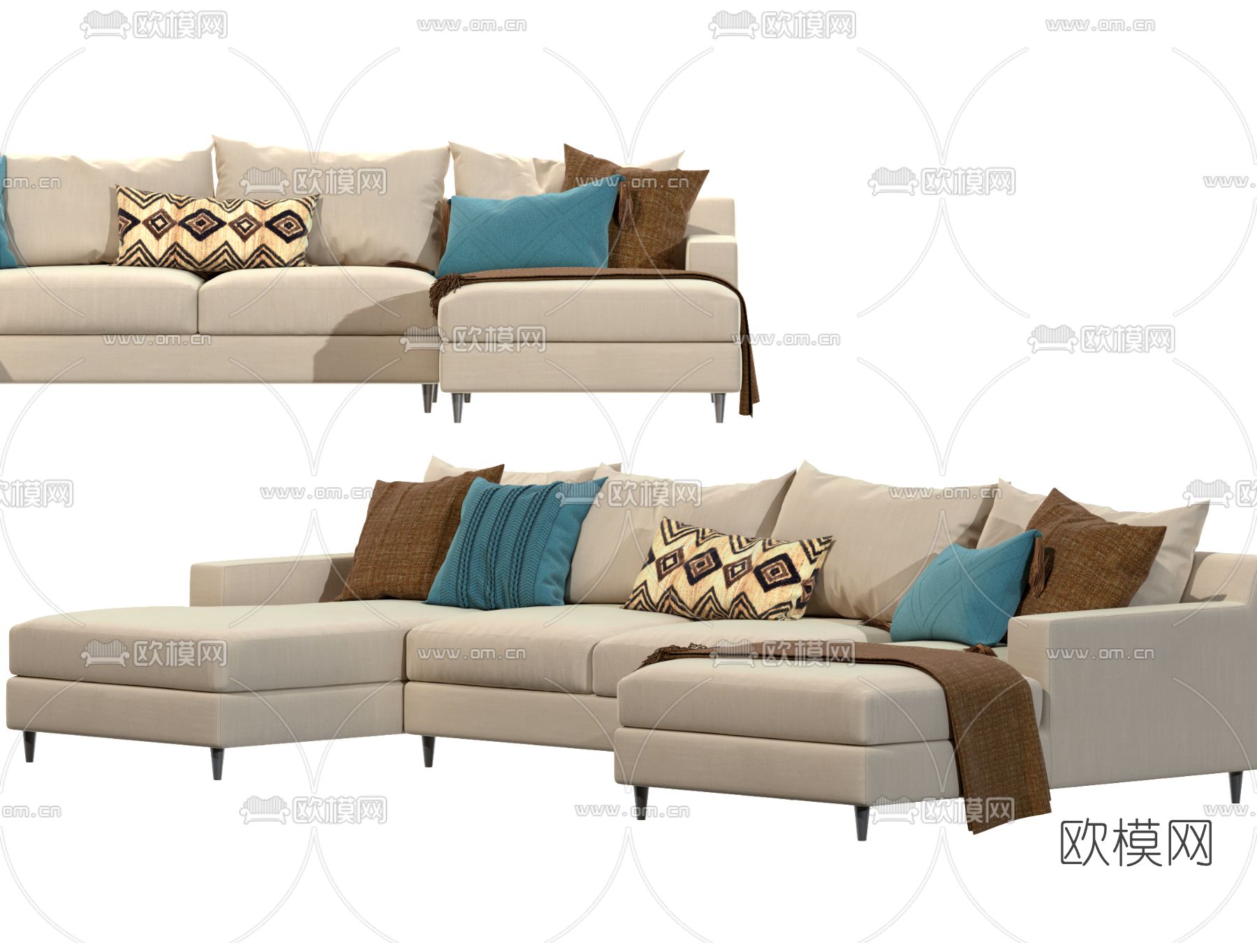 侘寂风布艺转角沙发3d模型下载