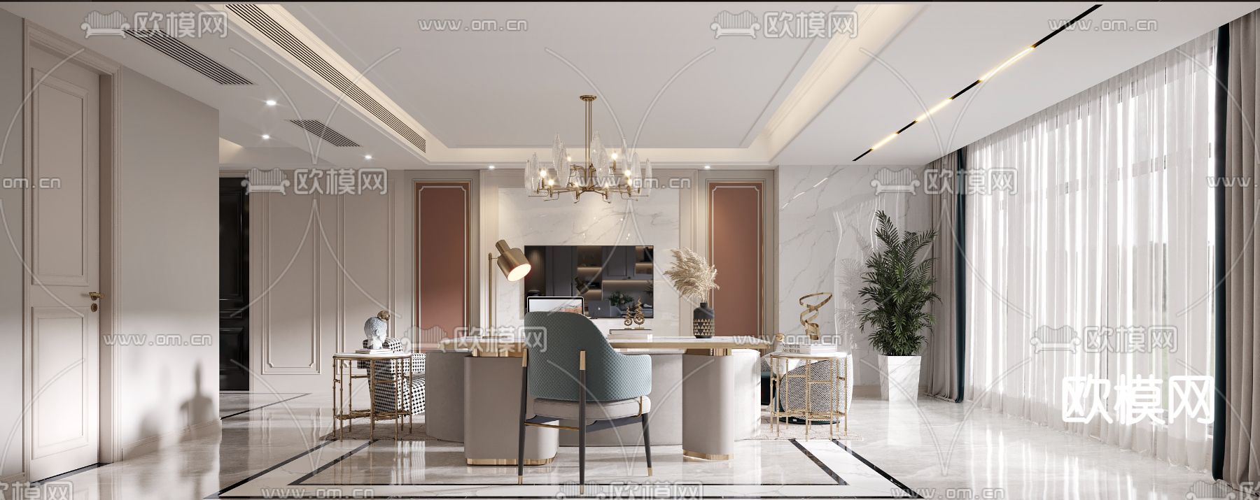 美式轻奢客餐厅3d模型下载（渲染图2）