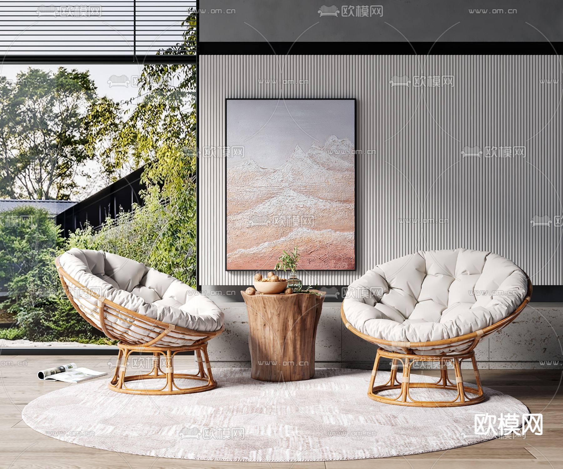 侘寂风藤编休闲椅3d模型下载（渲染图1）