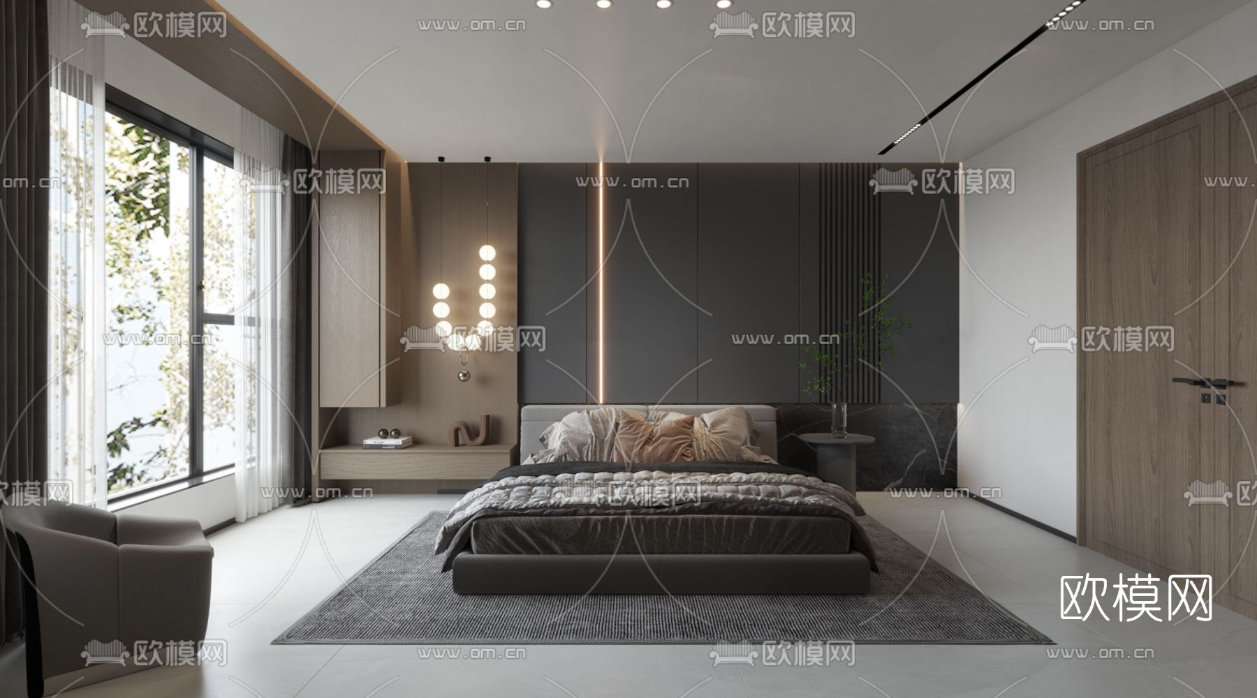 现代高级灰卧室3d模型下载（渲染图1）