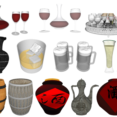  现代红酒醒酒器酒坛酒桶su模型 