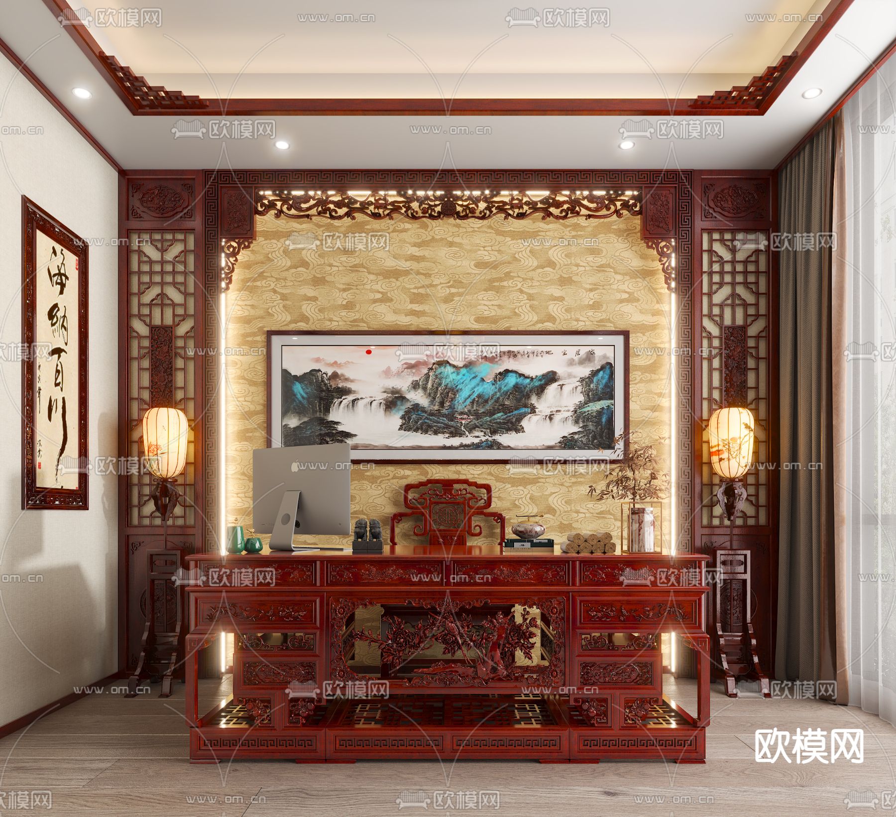 中式红木雕花书桌3d模型下载（渲染图1）