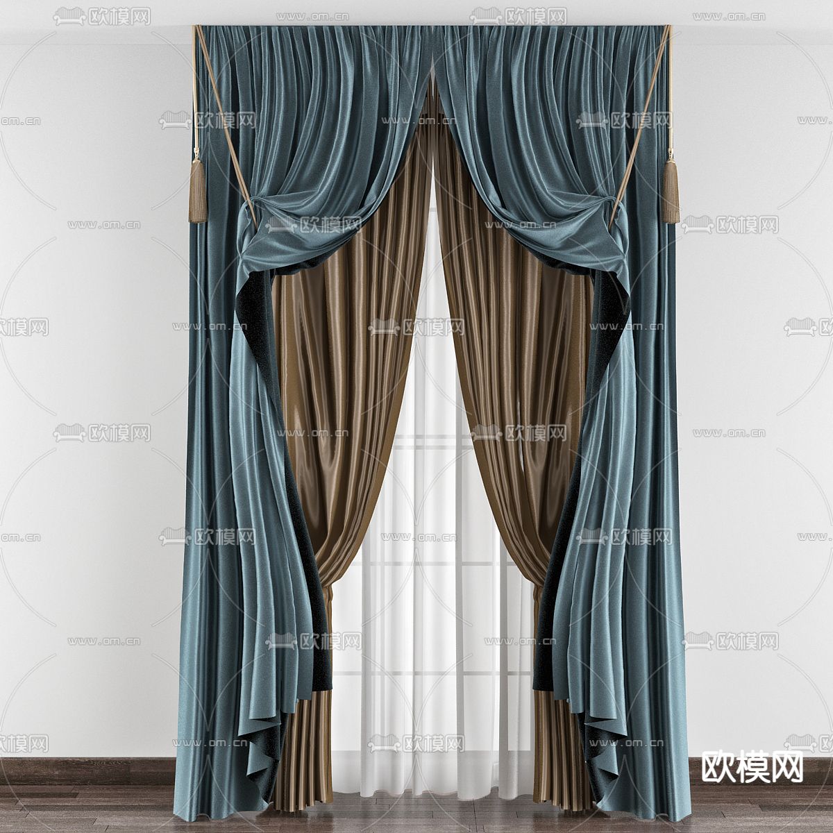 后现代蓝色丝绸窗帘3d模型下载