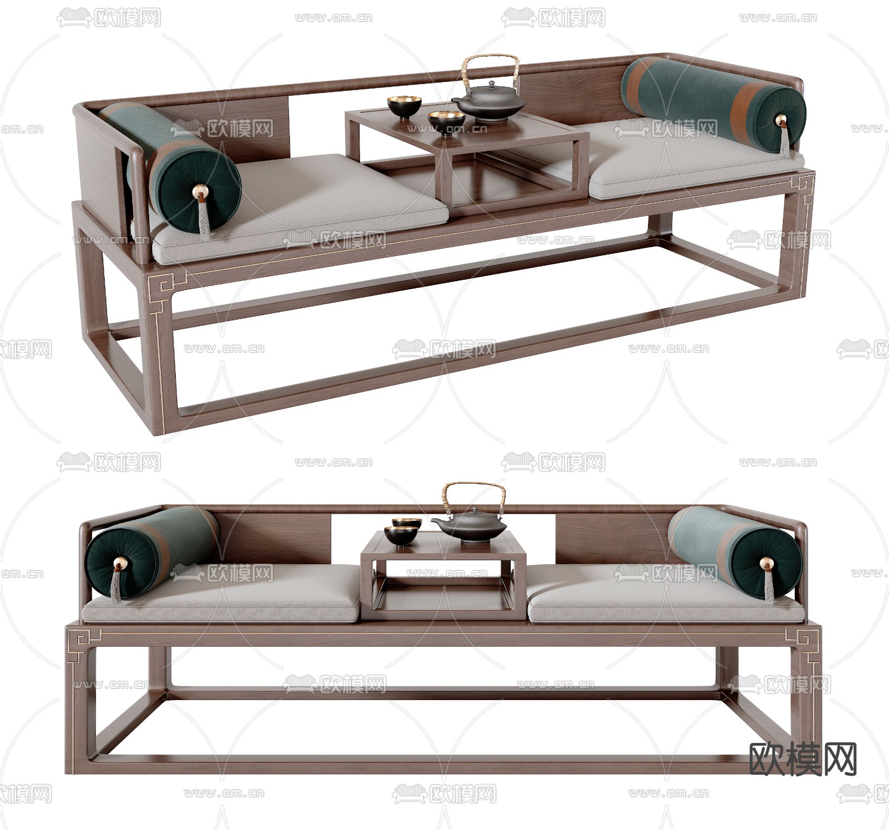 新中式实木罗汉床3d模型下载（渲染图1）