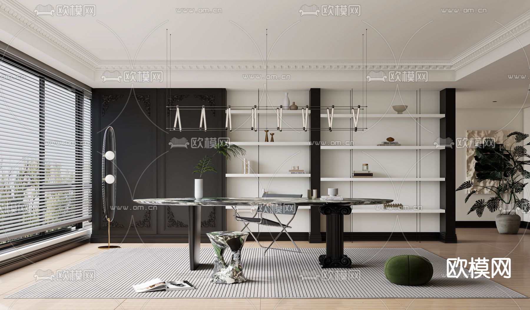 法式黑白灰书房su模型下载（渲染图1）