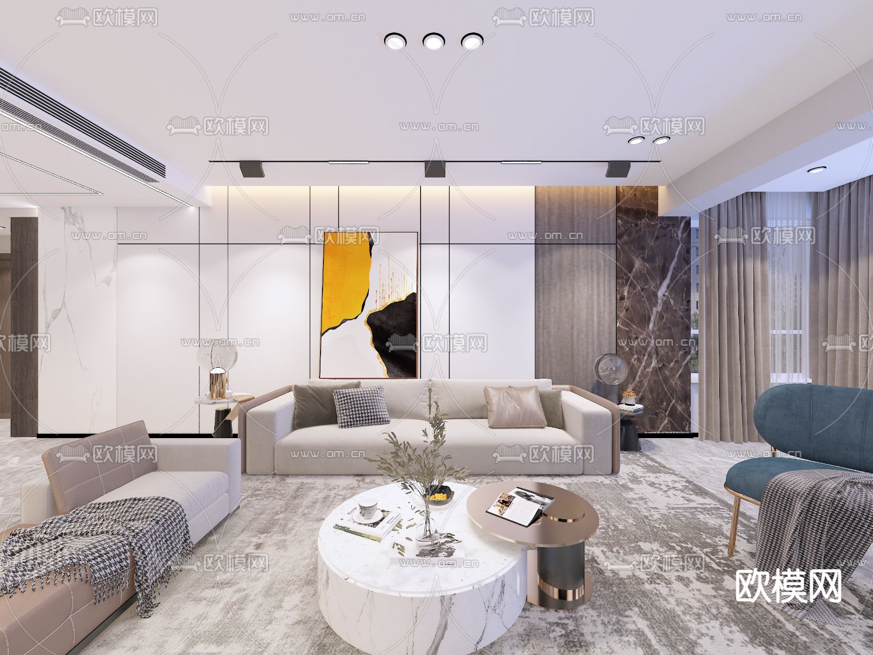 现代客厅餐厅免费3d模型下载（渲染图6）