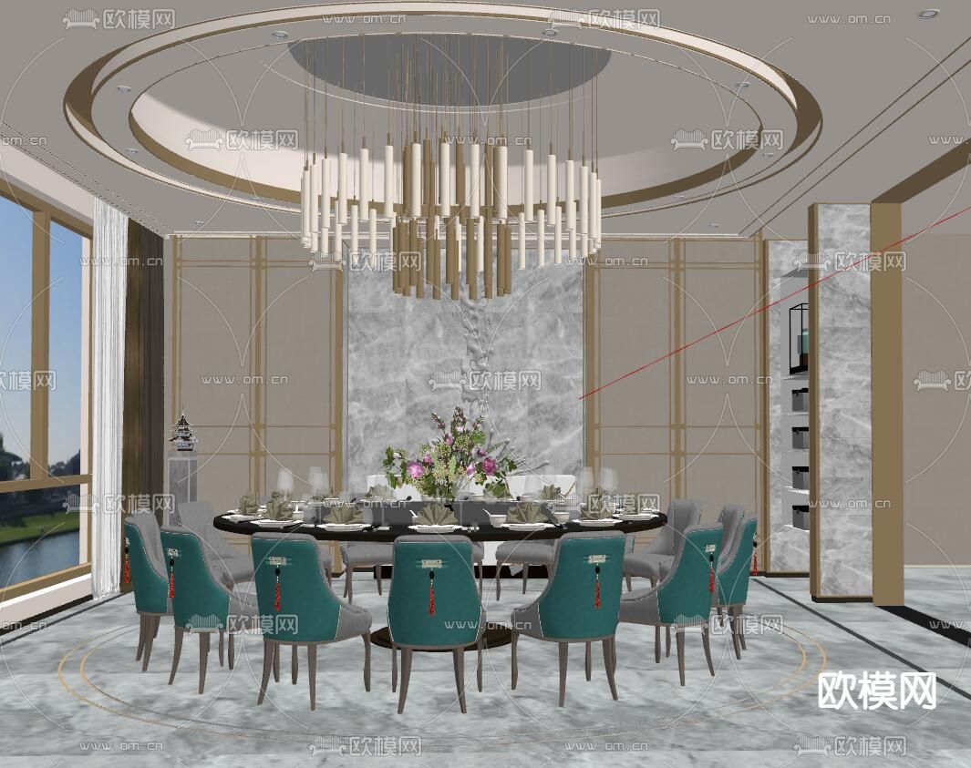 新中式餐厅包房su模型下载（渲染图2）