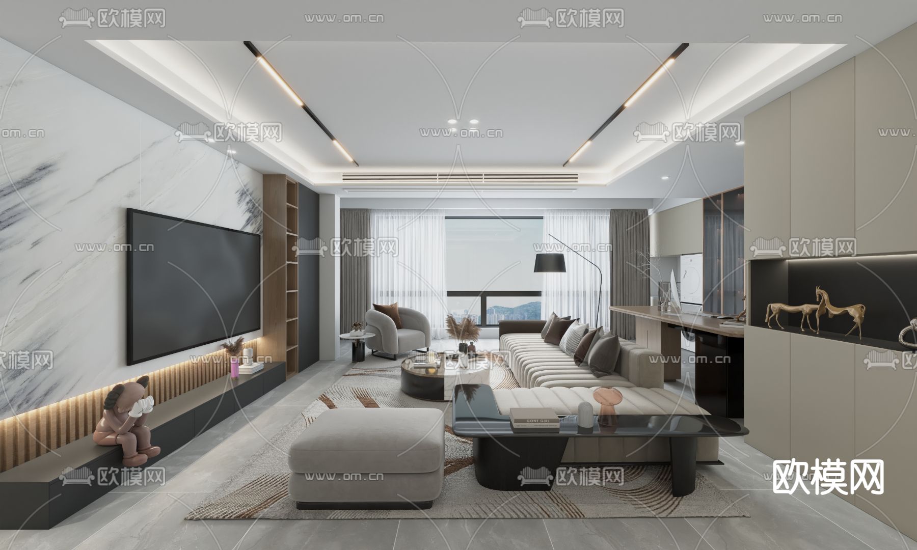 现代轻奢客餐厅免费3d模型下载（渲染图1）