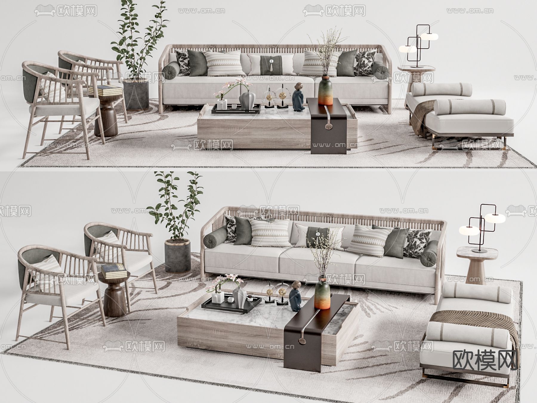 新中式布艺沙发组合su模型下载（渲染图1）