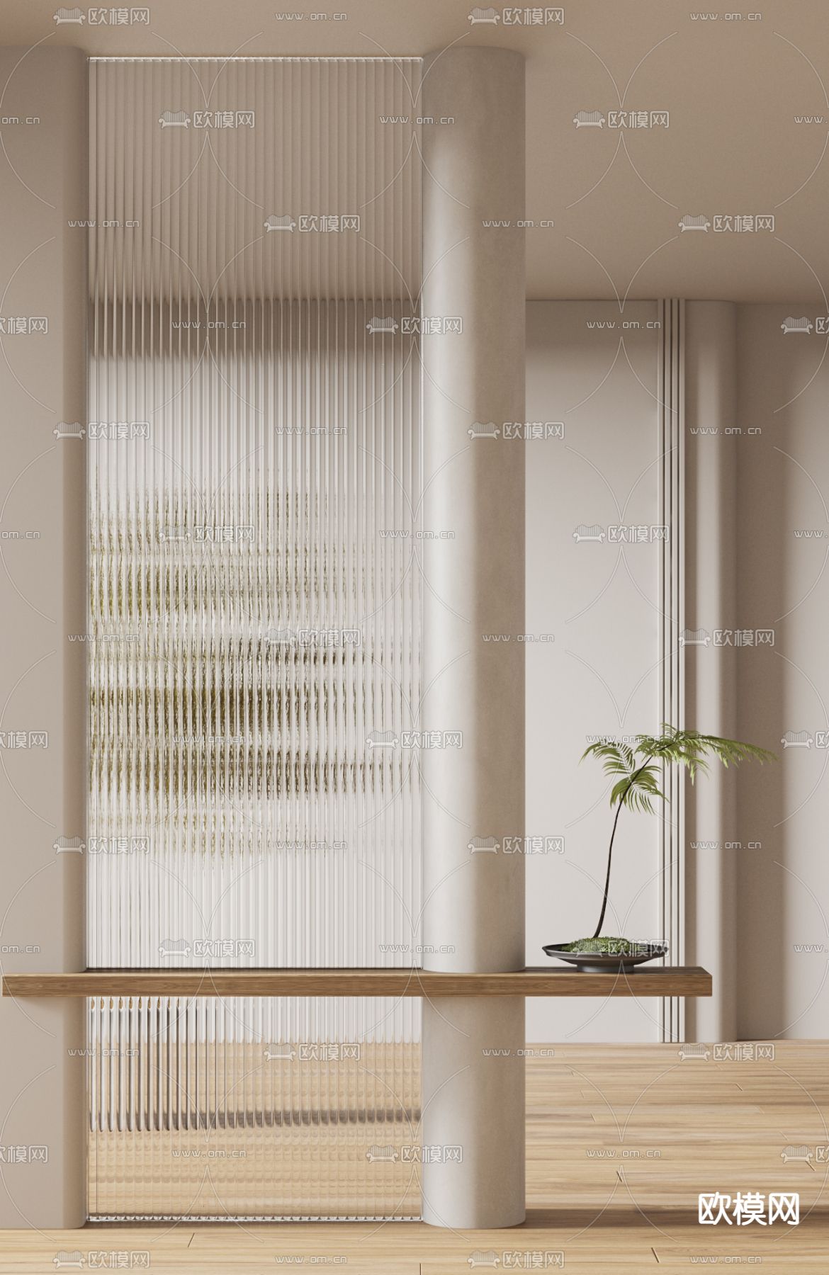 奶油风玻璃砖屏风隔断3d模型下载（渲染图4）