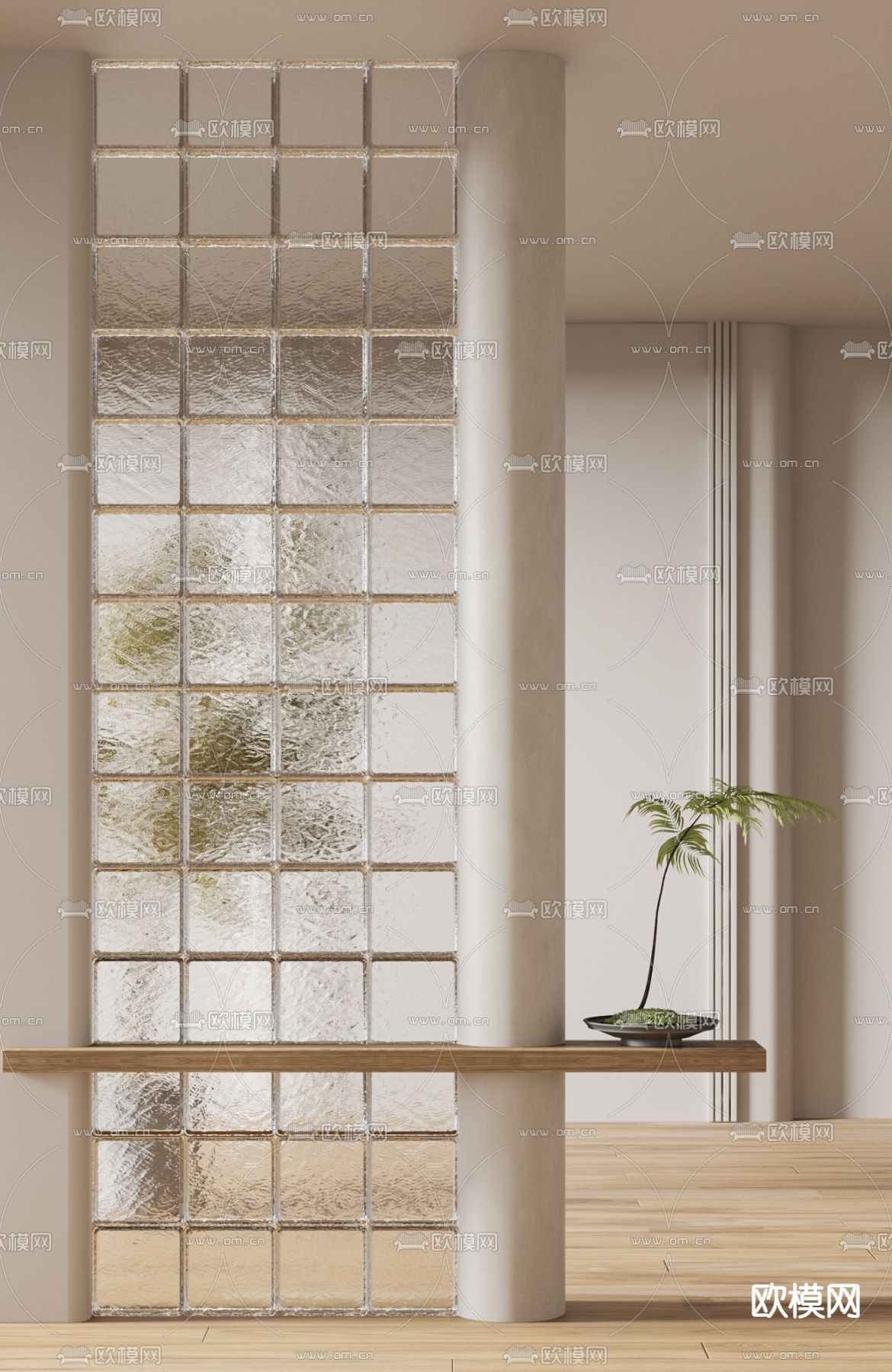 奶油风玻璃砖屏风隔断3d模型下载（渲染图2）