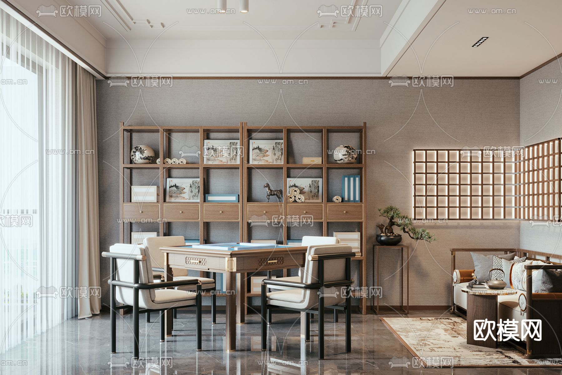 新中式棋牌室3d模型下载（渲染图1）
