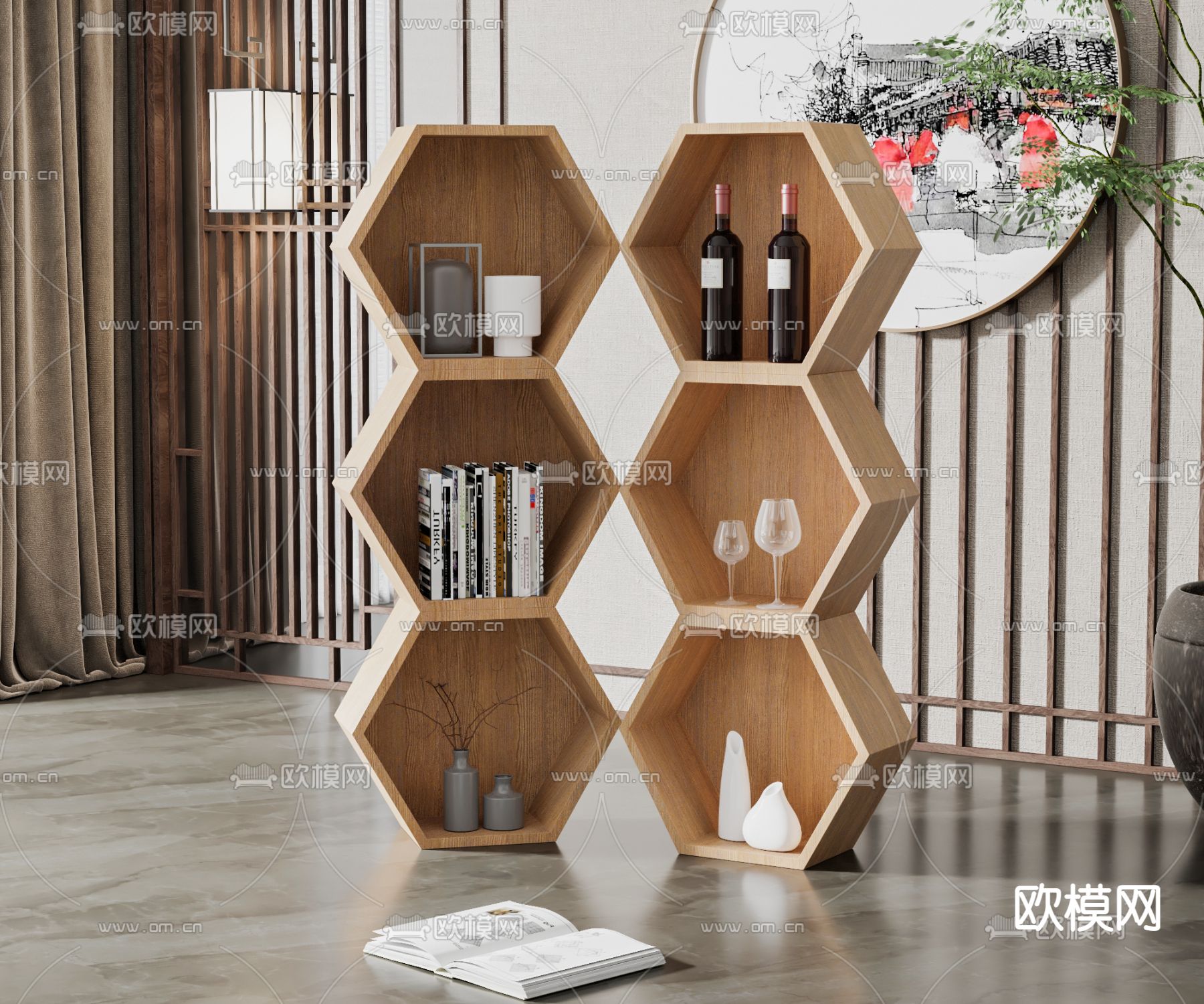 新中式蜂窝装饰柜3d模型下载