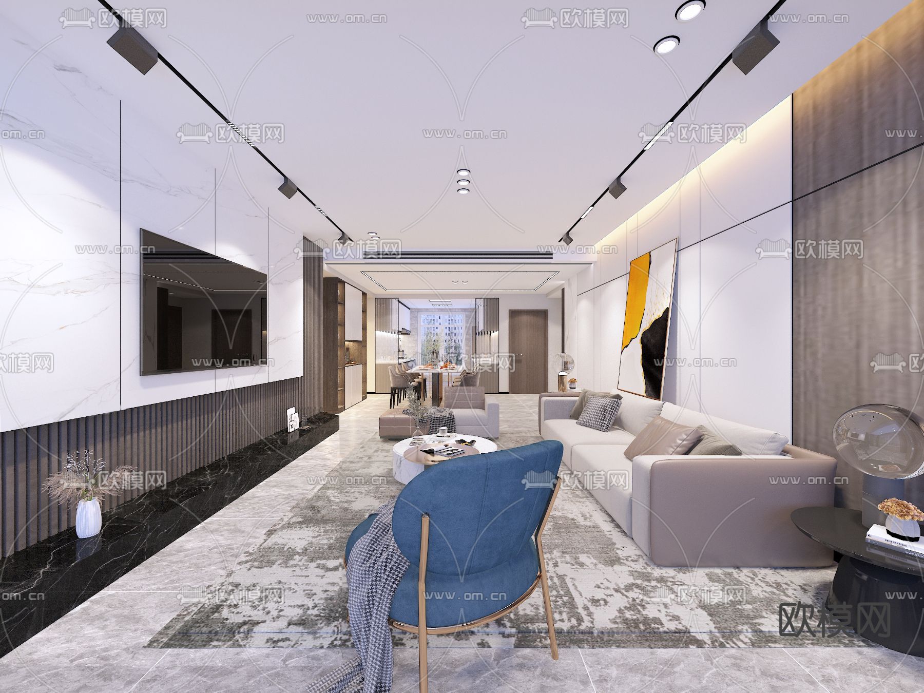 现代客厅餐厅免费3d模型下载（渲染图5）